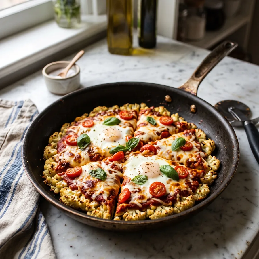 Blumenkohl-Ei-Pfanne mit Tomate und Mozzarella