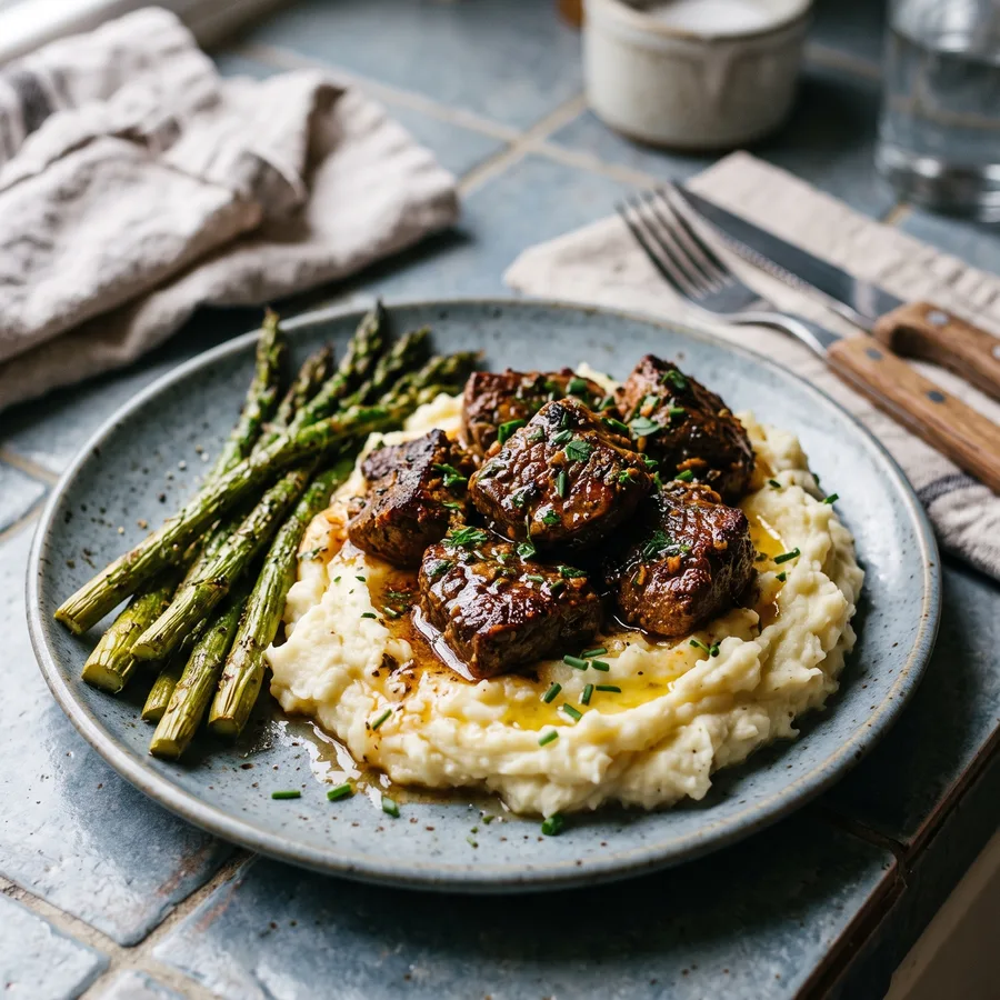 Cajun-Butter-Steak-Bites mit Parmesan-Kartoffelstampf