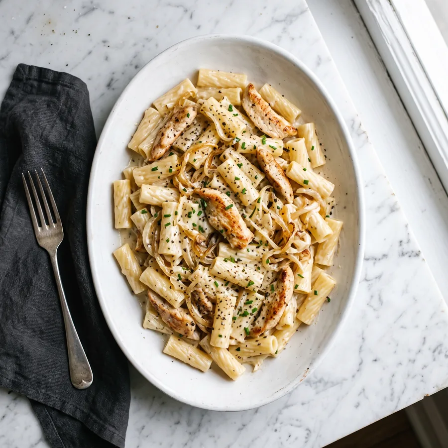 Cremige Zwiebel-Pasta mit Hähnchen
