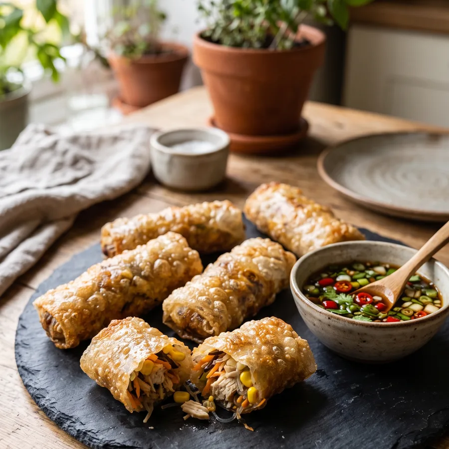 Knusprige Hähnchen-Tofu-Dumplings im Reispapier